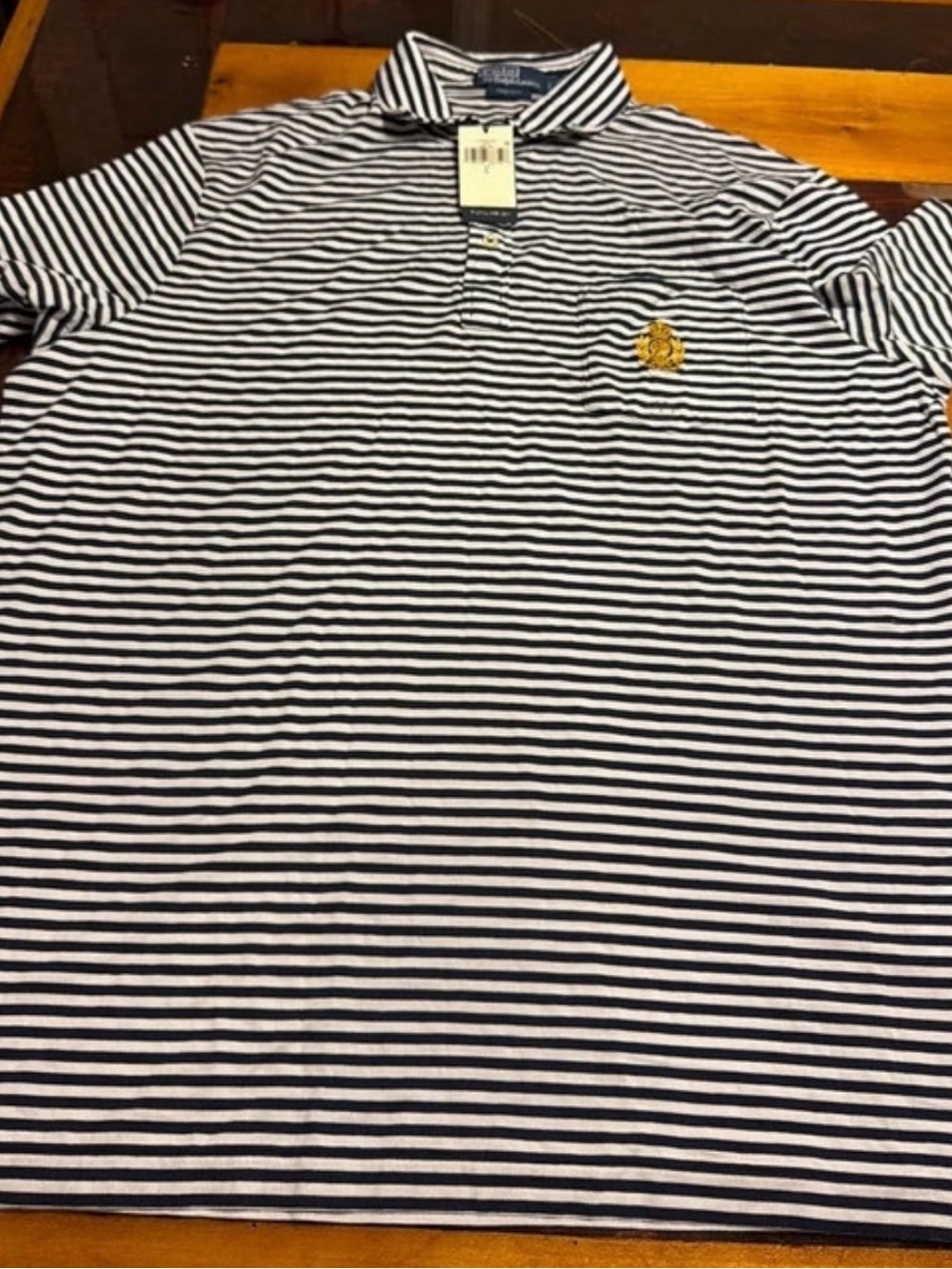 Ralph Lauren Navy & White Striped Polo with Gold Crest